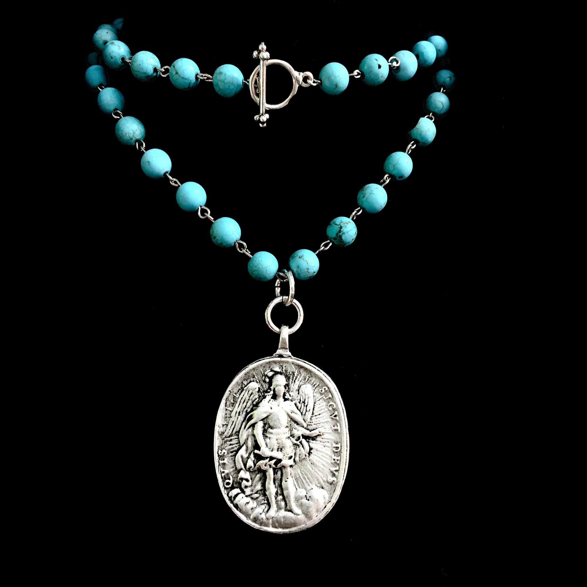 Cristo Rey Turquoise Necklace with Saint Michael & Guadalupe in Silver