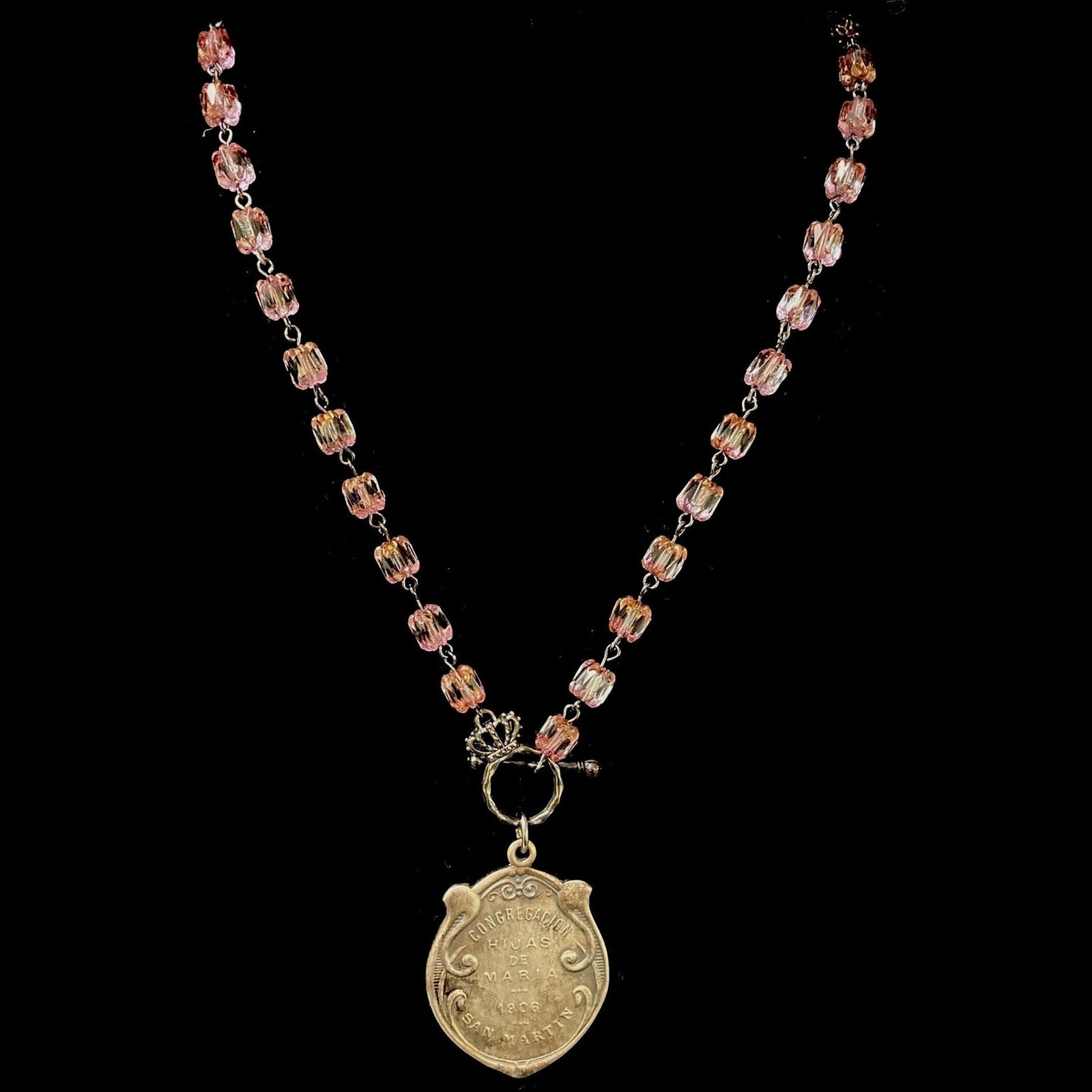 Art Nouveau Madonna on Rose Cathedral Beads in Gunmetal