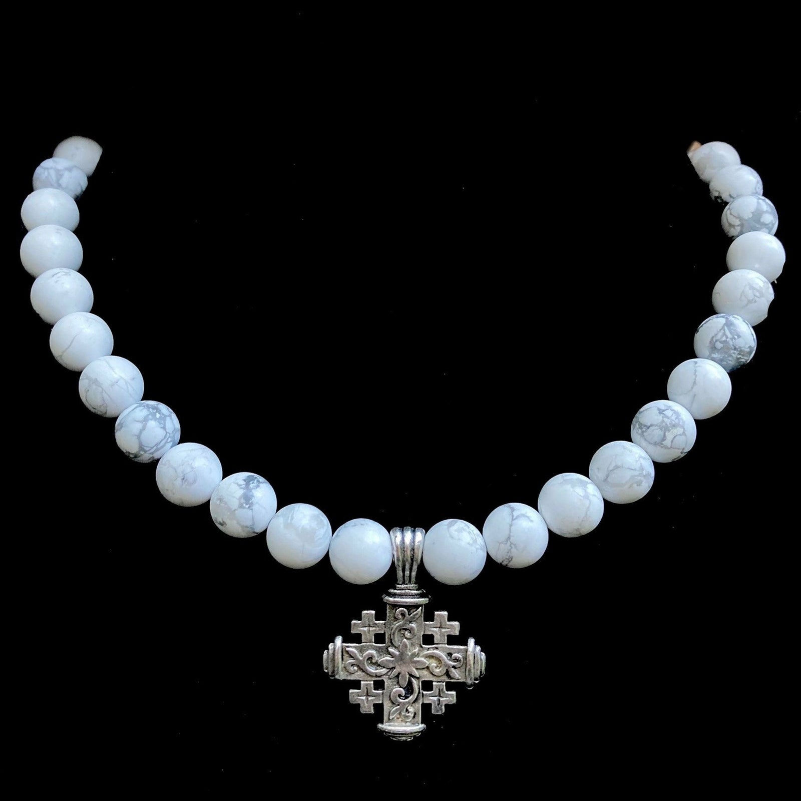 Pilgrim's Cross White Turquoise Choker Necklace - Silver