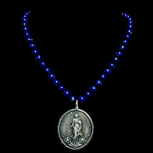 Virgo Rising Lapis Lazuli Necklace with the Madonna and Santa Barbara