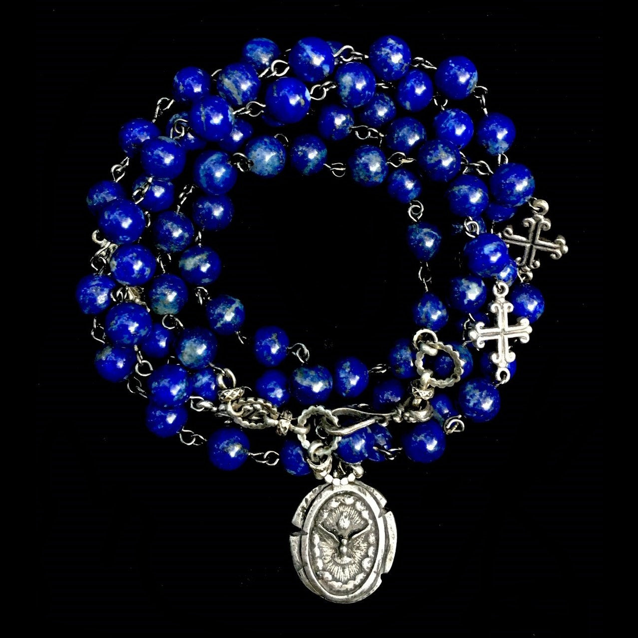 Fleur de Lis Cross Wrap Lapis & Silver with Peace Dove Necklace / Bracelet