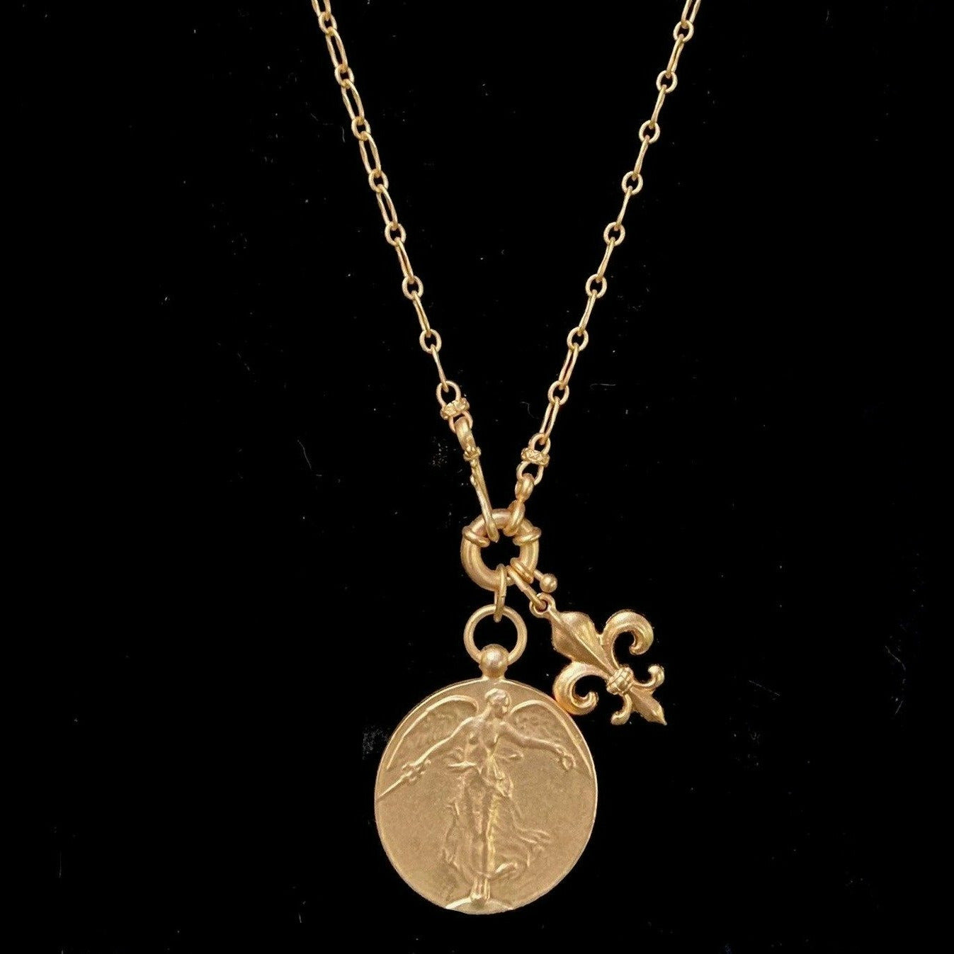 Wisdom Chain Peace Angel with Fleur de Lis Chain Necklace  Gold