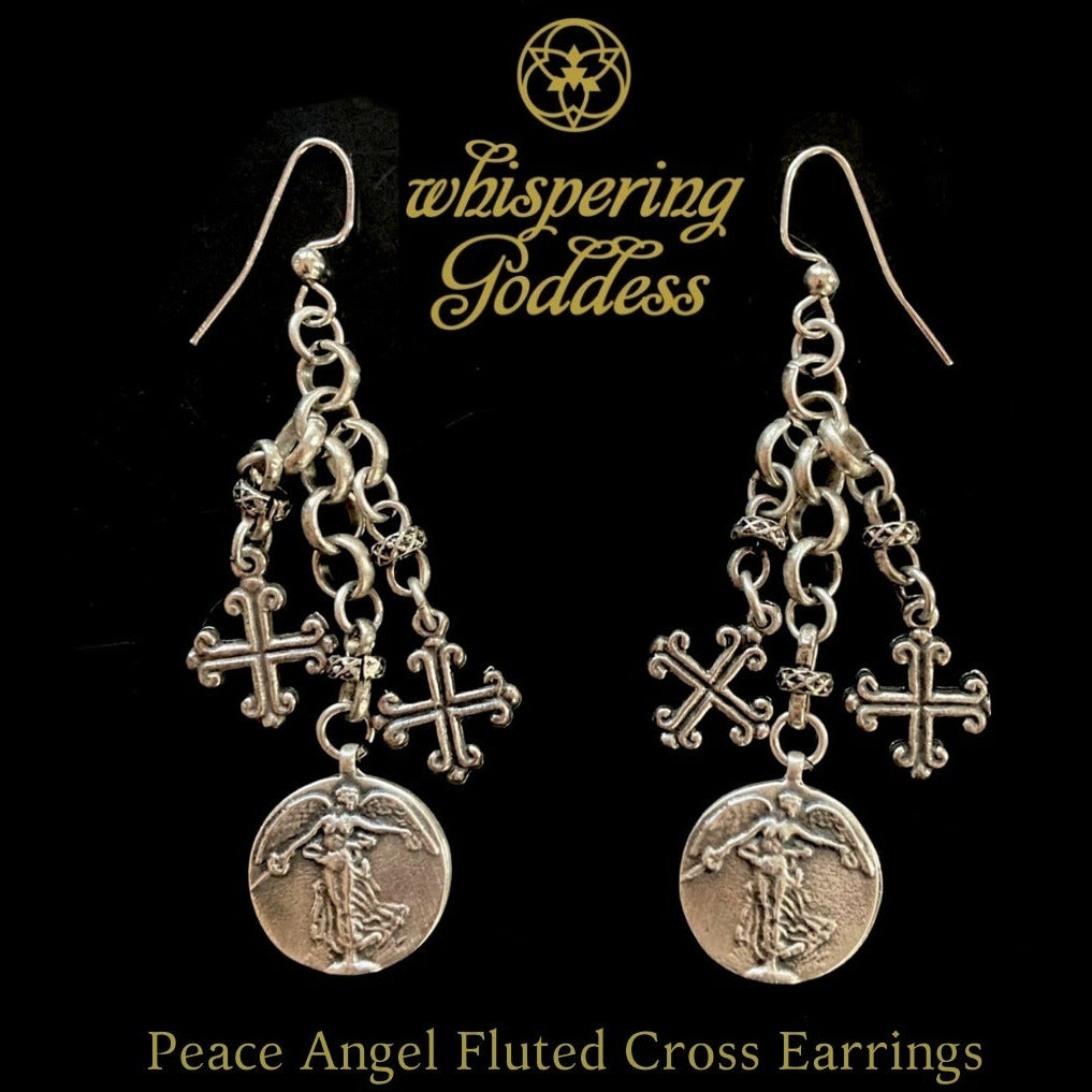 Peace Angel  Fluted Fleur de Lis Cross Earrings by Whispering Goddess -  Silver