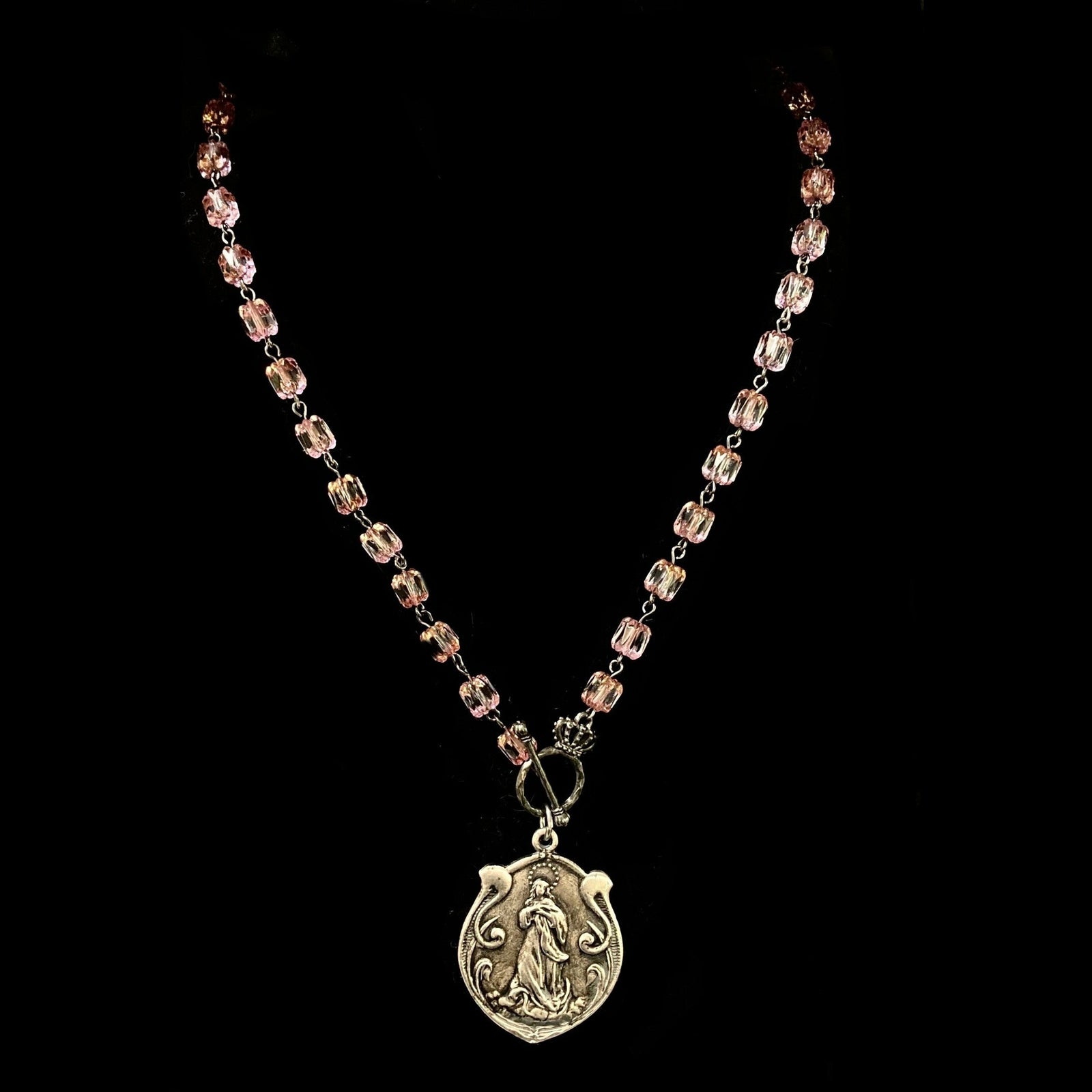 Art Nouveau Madonna on Rose Cathedral Beads in Gunmetal
