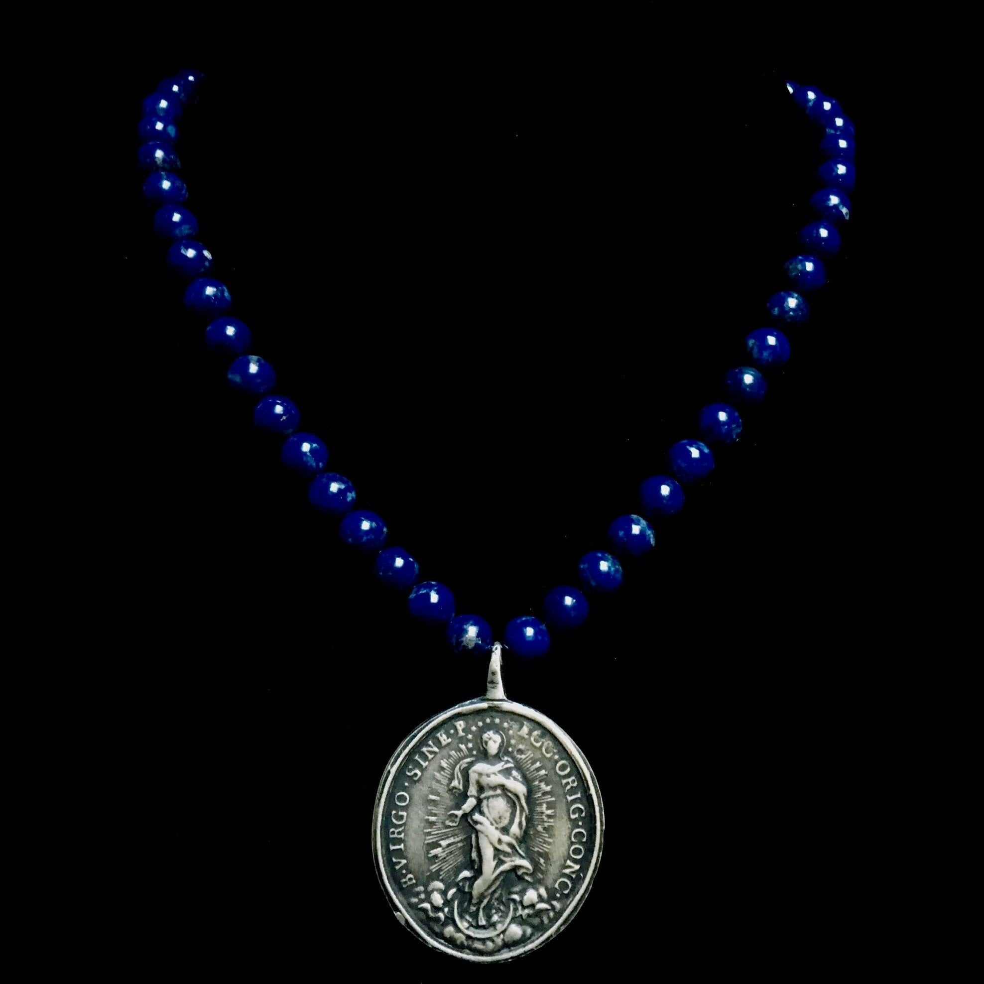 Virgo Rising Lapis Lazuli Necklace with the Madonna and Santa Barbara
