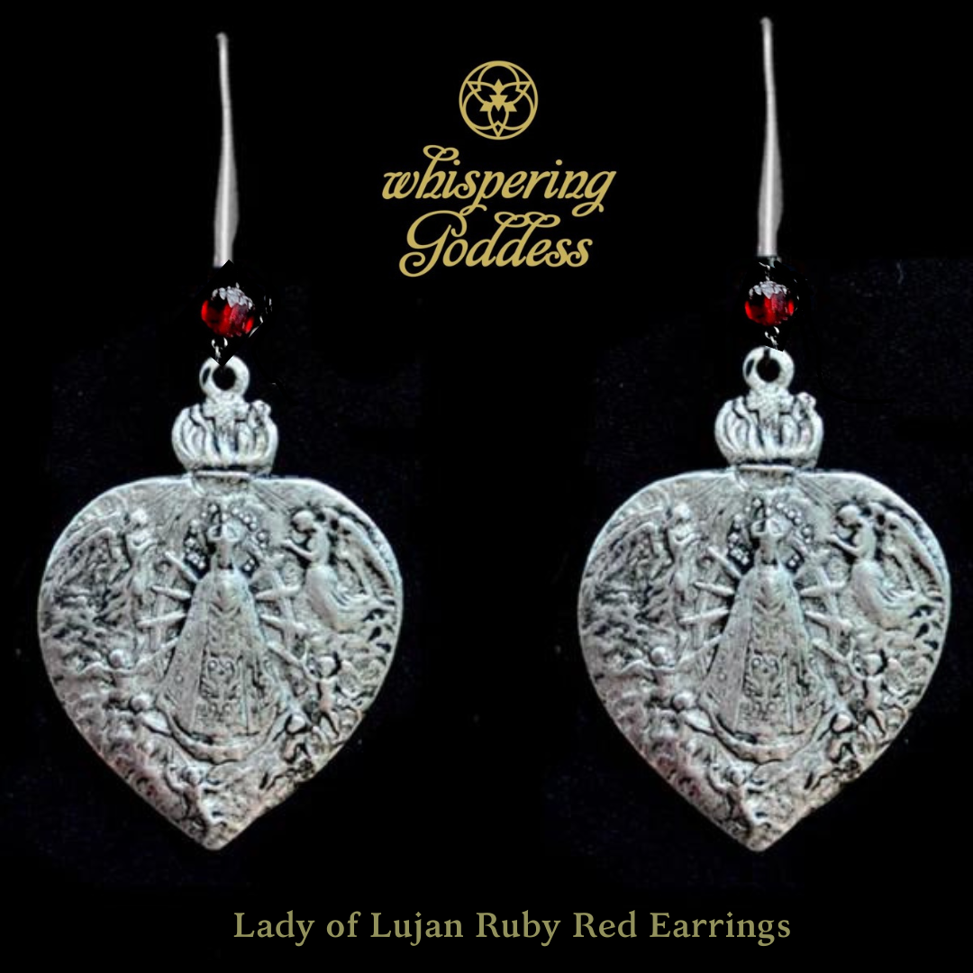 Ruby Red Our Lady of Lujan Ritual Earrings  by Whispering Goddess - Silver
