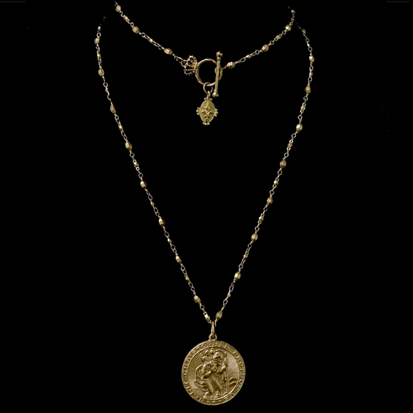 Saint Christopher Gold Bead Chain with Fleur de Lis Necklace - Gold ...