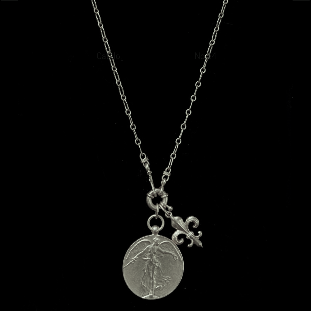 Wisdom Chain Peace Angel with Fleur de Lis Chain Necklace  in Silver