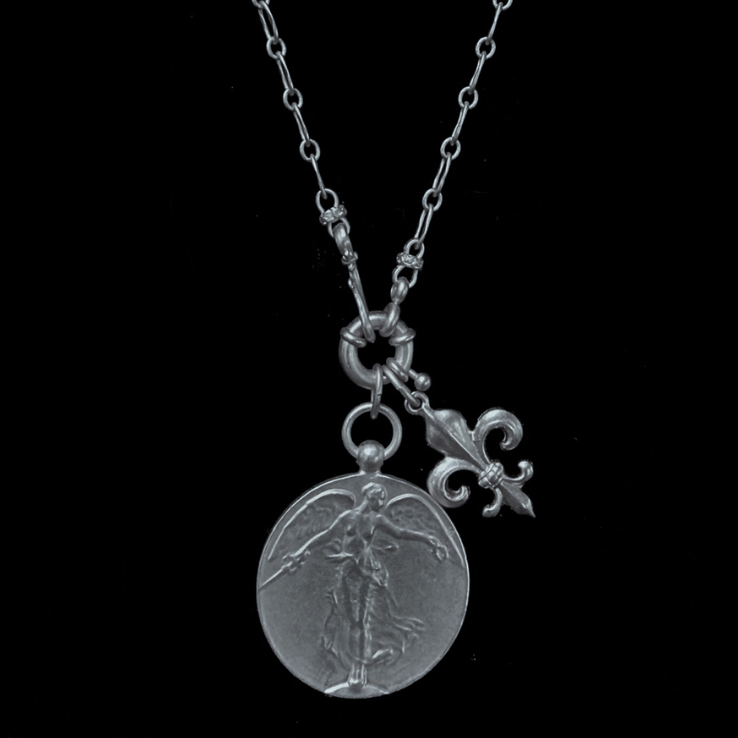 Wisdom Chain Peace Angel with Fleur de Lis Chain Necklace  in Silver