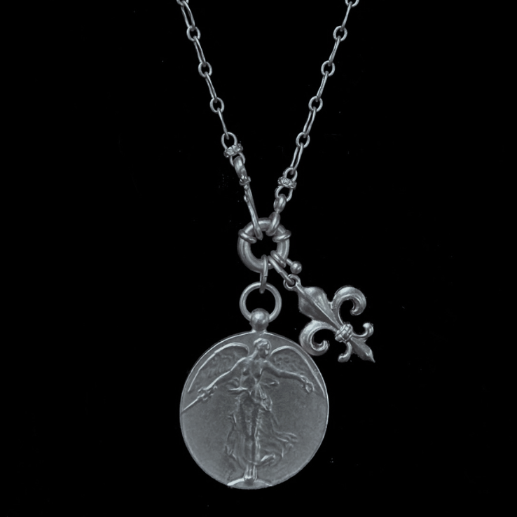 Wisdom Chain Peace Angel with Fleur de Lis Chain Necklace  Silver