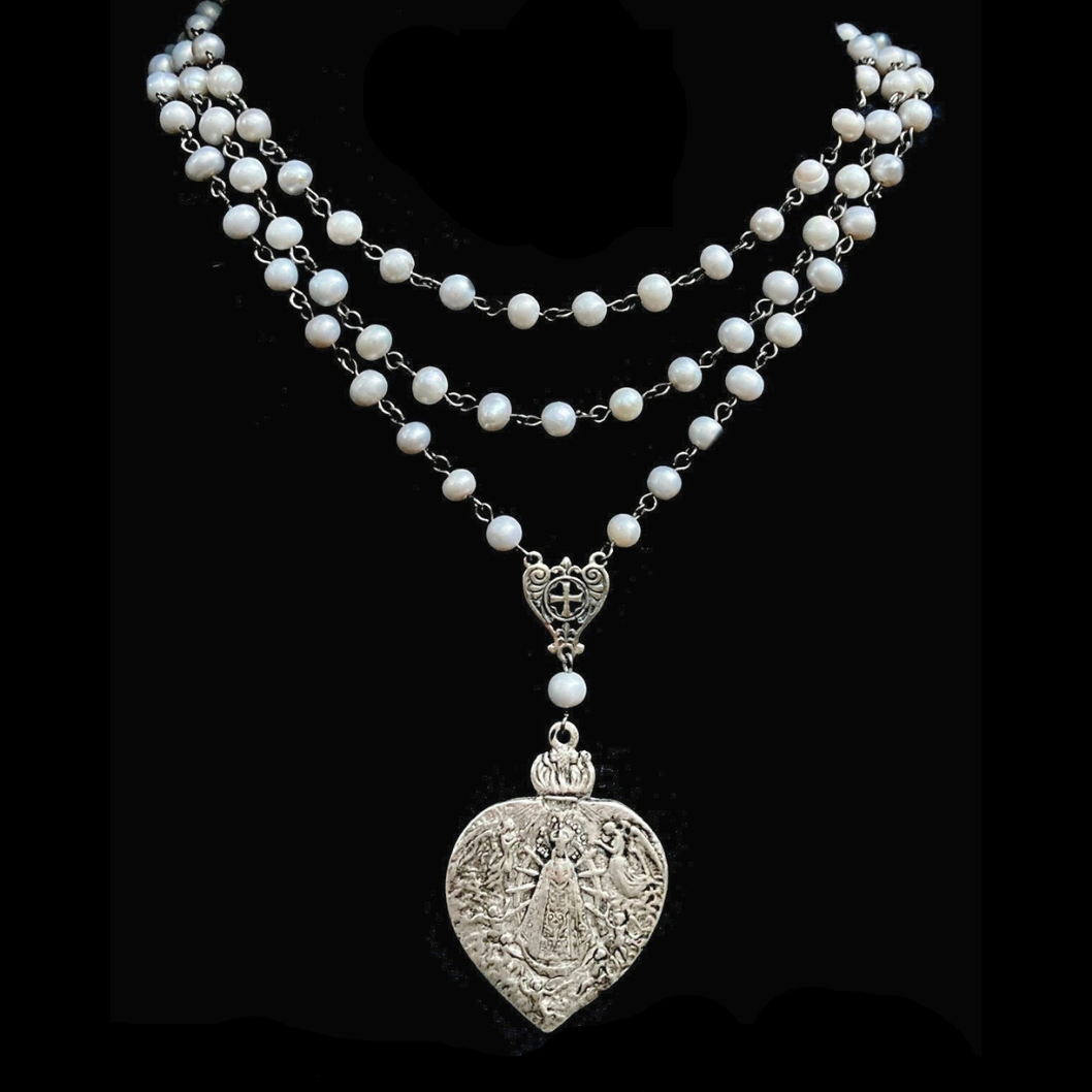 Moonglow Our Lady of Lujan Trinity Necklace in Silver Freshwater Pearls