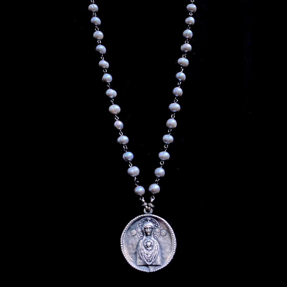 Moonglow Seat of  Wisdom with Theotokos and Saint Gabriel Silver Freshwater Pearl Necklace