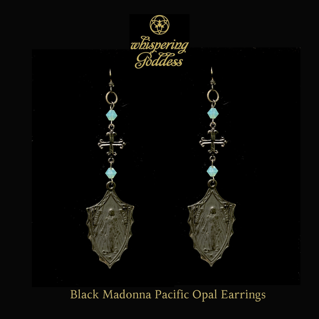 Black Madonna Earrings with Pacific Opal and Gunmetal