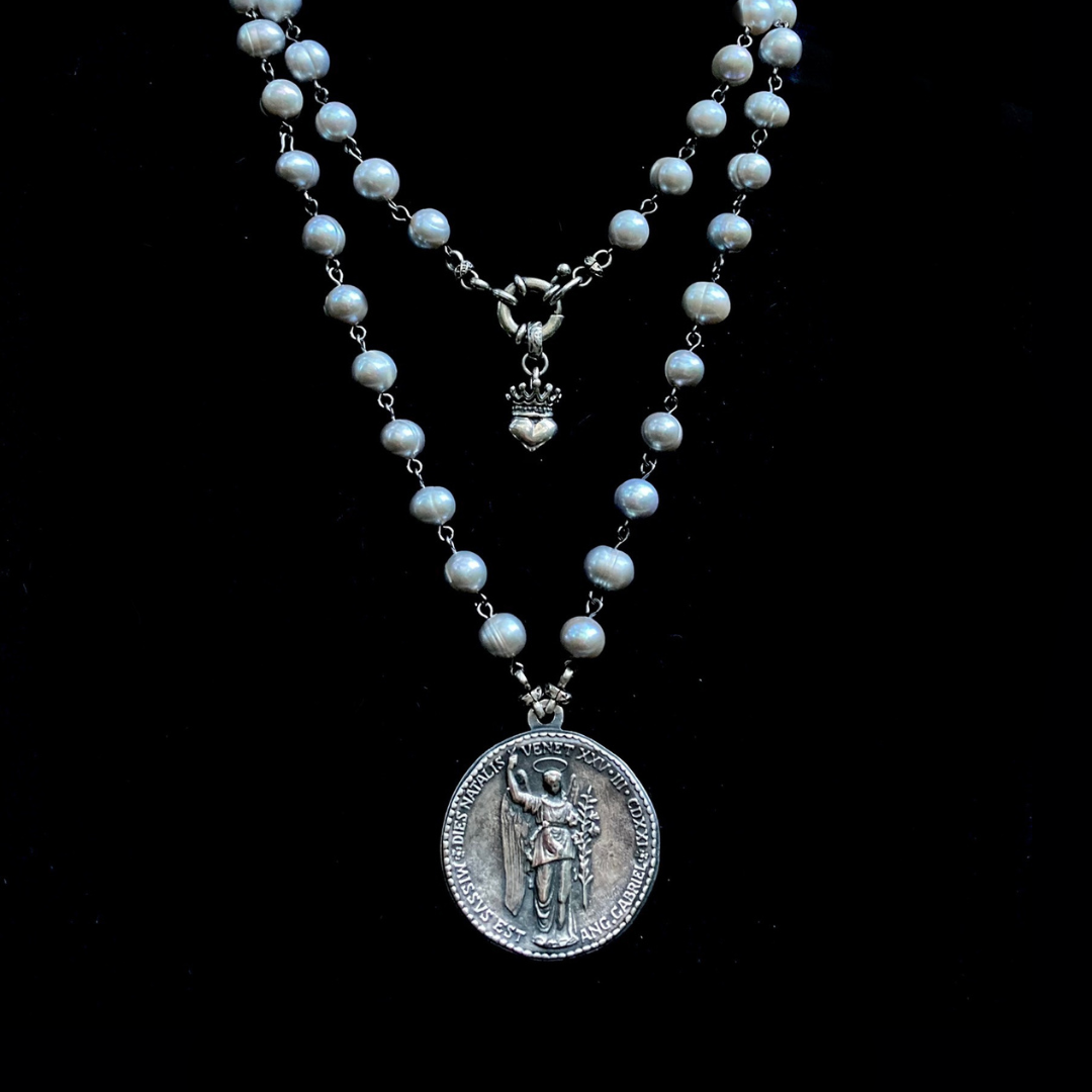 Moonglow Seat of  Wisdom with Theotokos and Saint Gabriel Silver Freshwater Pearl Necklace