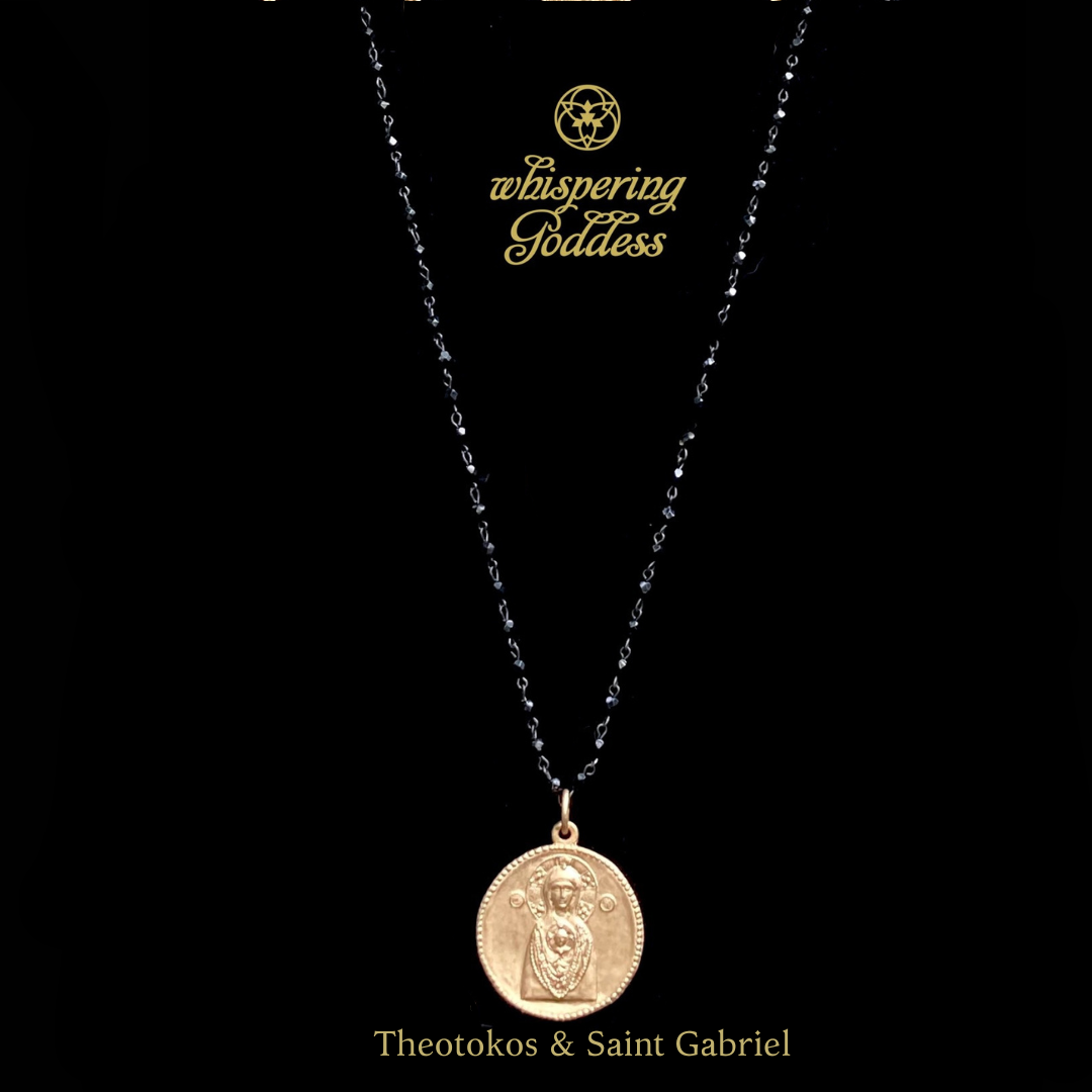 Theotokos & Archangel Gabriel on Bicone Black Jet Necklace - Gold