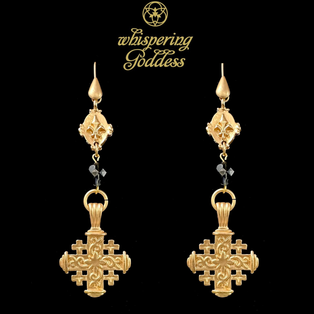 Montana Sapphire Pilgrim's Cross Earrings in Gold