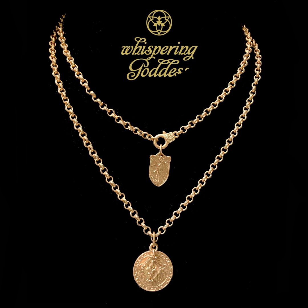 San Benito with Tiny Fleur de Lis on Etched Cable Chain Necklace - Gold