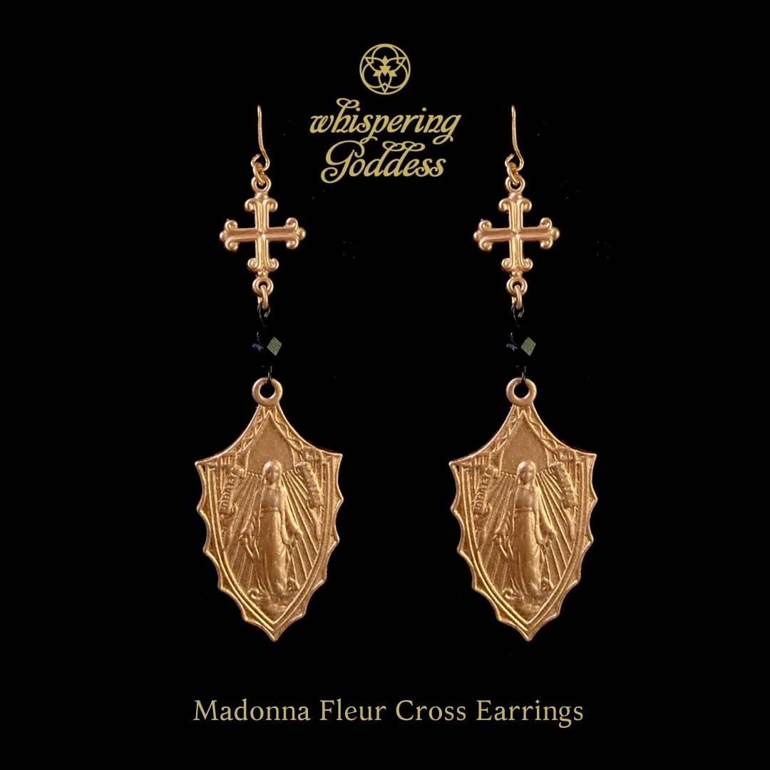 Madonna Fleur Cross Earrings with black Jet & Gold