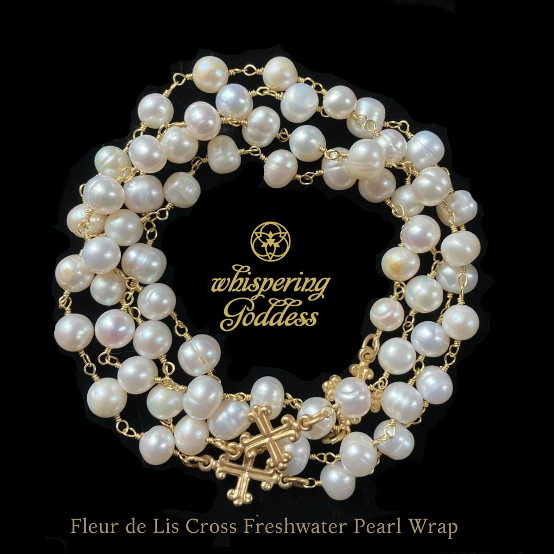 Fleur de Lis Cross Wrap Freshwater Pearl in Gold Necklace