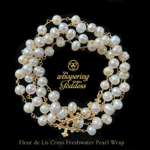 Fleur de Lis Cross Wrap Freshwater Pearl in Gold  Necklace / Bracelet