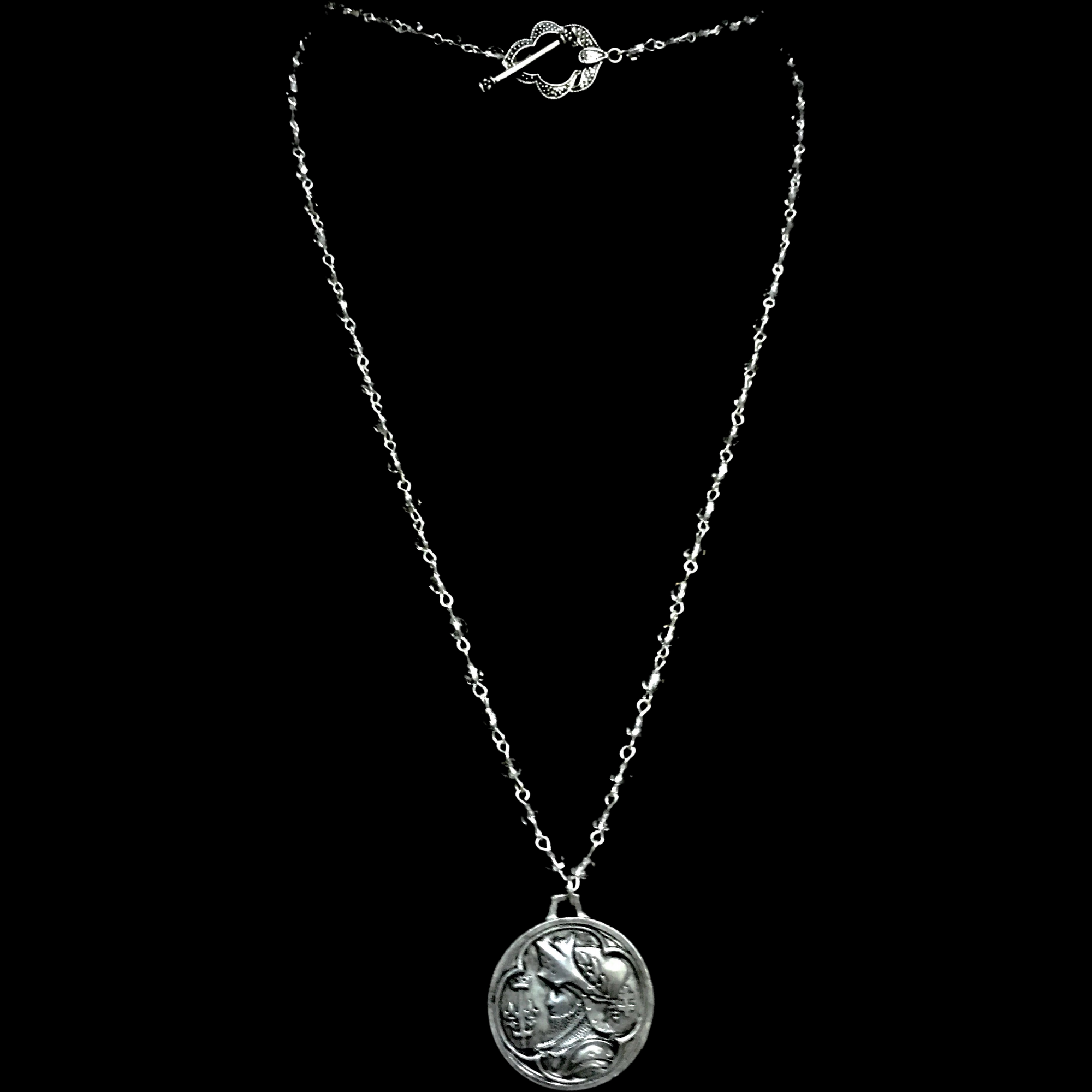 36" Saint Joan of Arc "Single Destiny" Necklace Silver & Black Diamond by Whispering Goddess