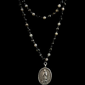Cristo Rey Saint Michael & Guadalupe Necklace in Gray Opal Galaxy Mix