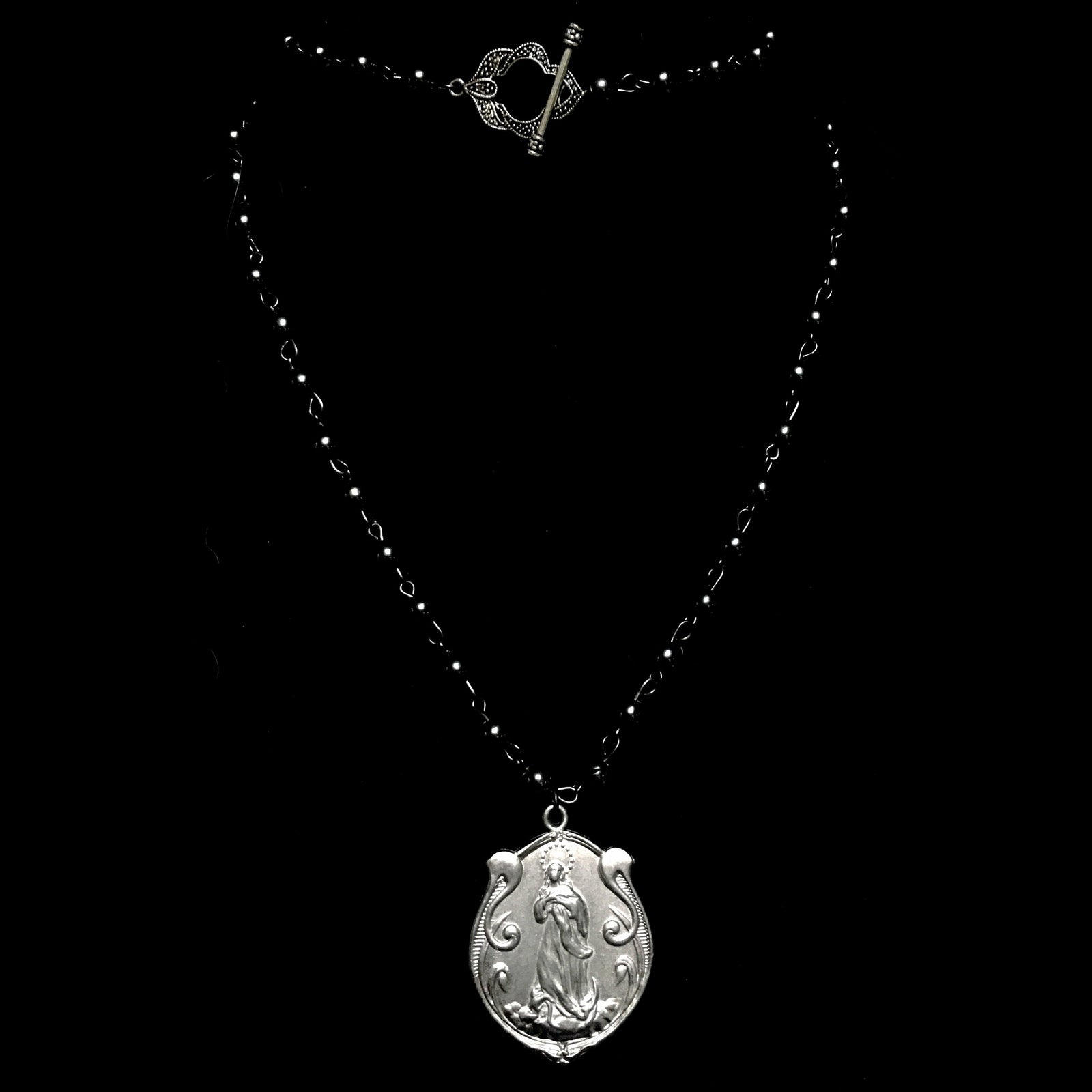 Art Nouveau Madonna Divine Thread Necklace in Hematite and Gunmetal by Whispering Goddess
