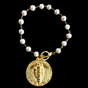 Saint Michael Victory Medallion Freshwater Pearl Bracelet by Whispering Goddess -Gold