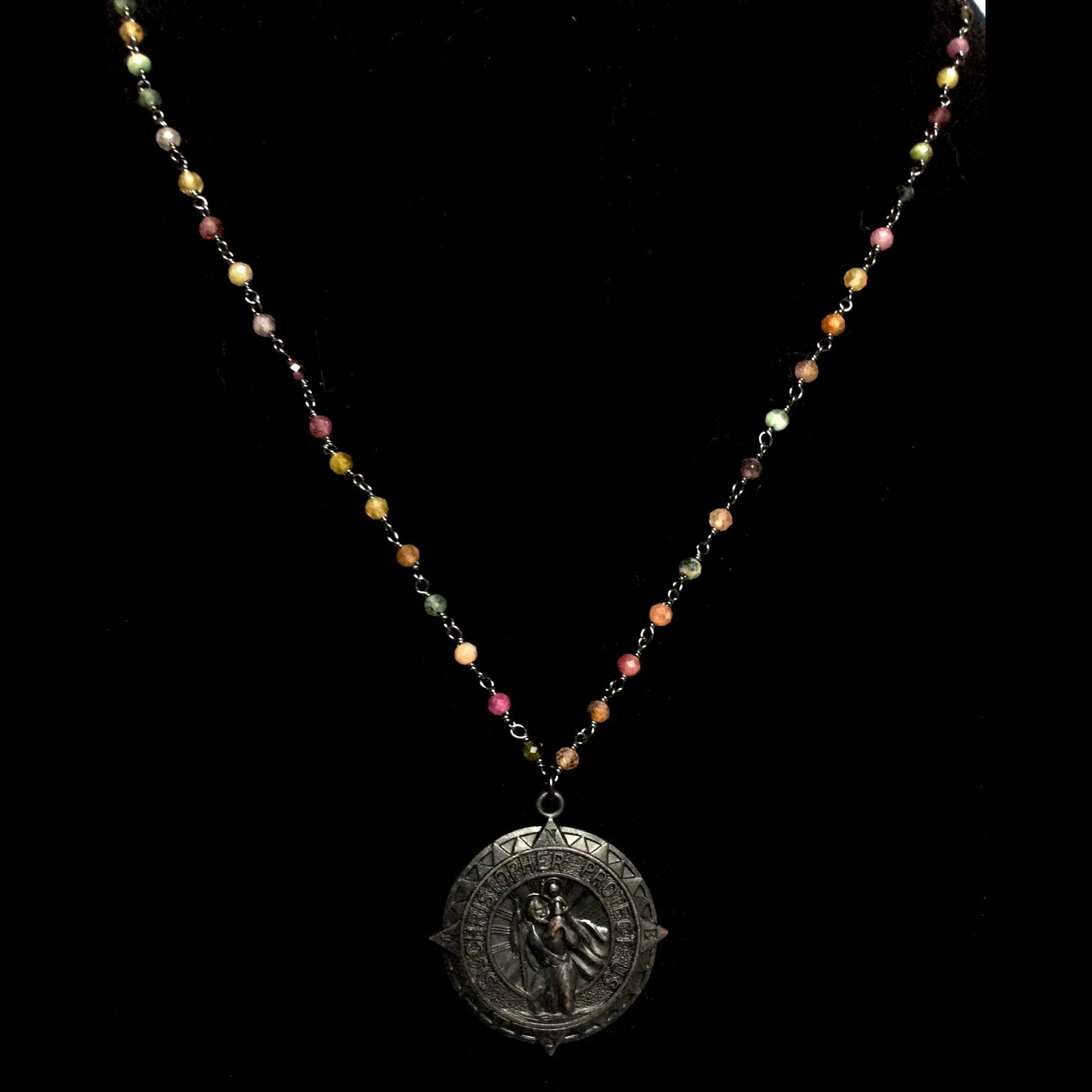 Forgotten Graces Black Saint Christopher Four Directions Medal in Watermelon Tourmaline & Gunmetal Necklace
