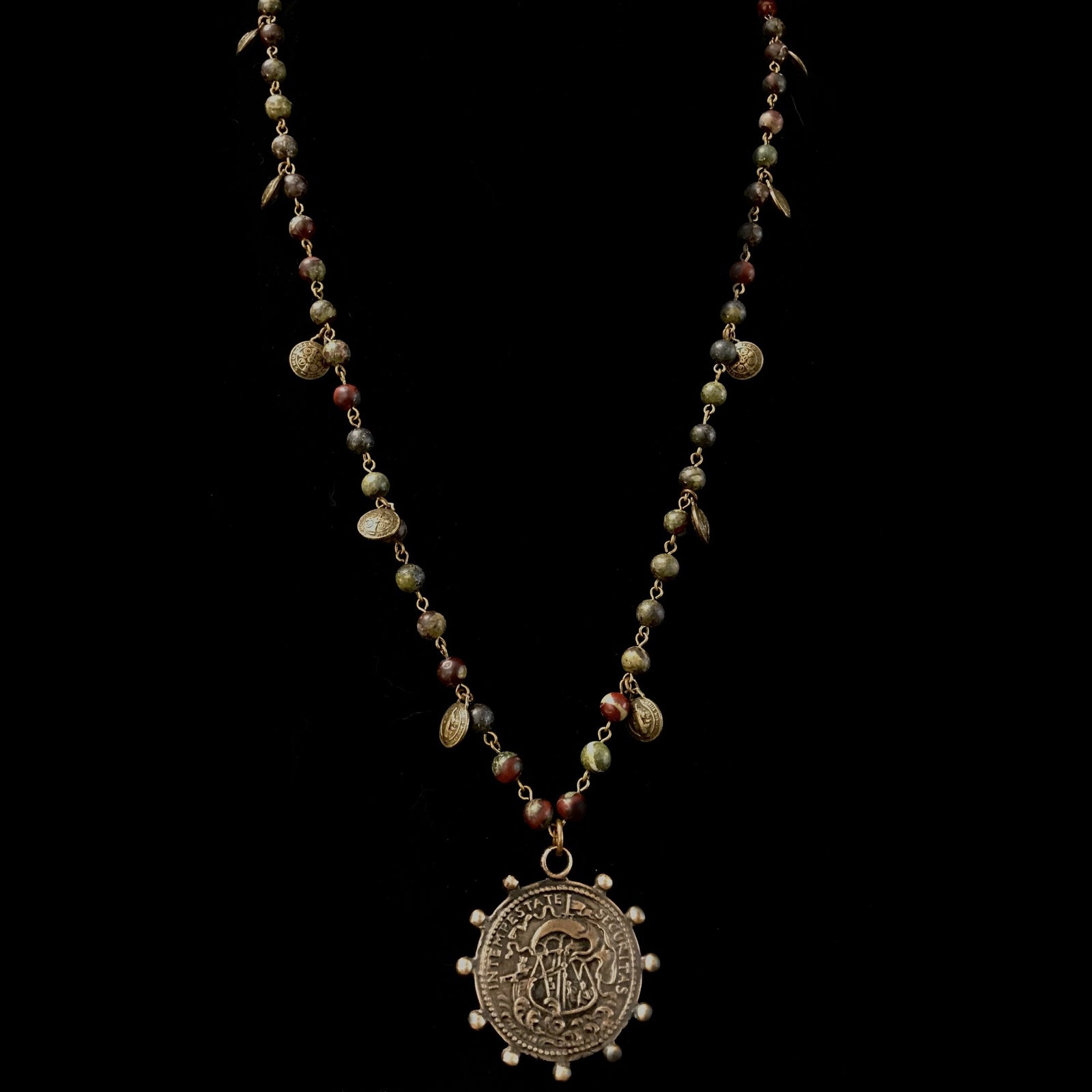 Dragon Stone Saint George with San Benito Fringe Necklace in Bronze