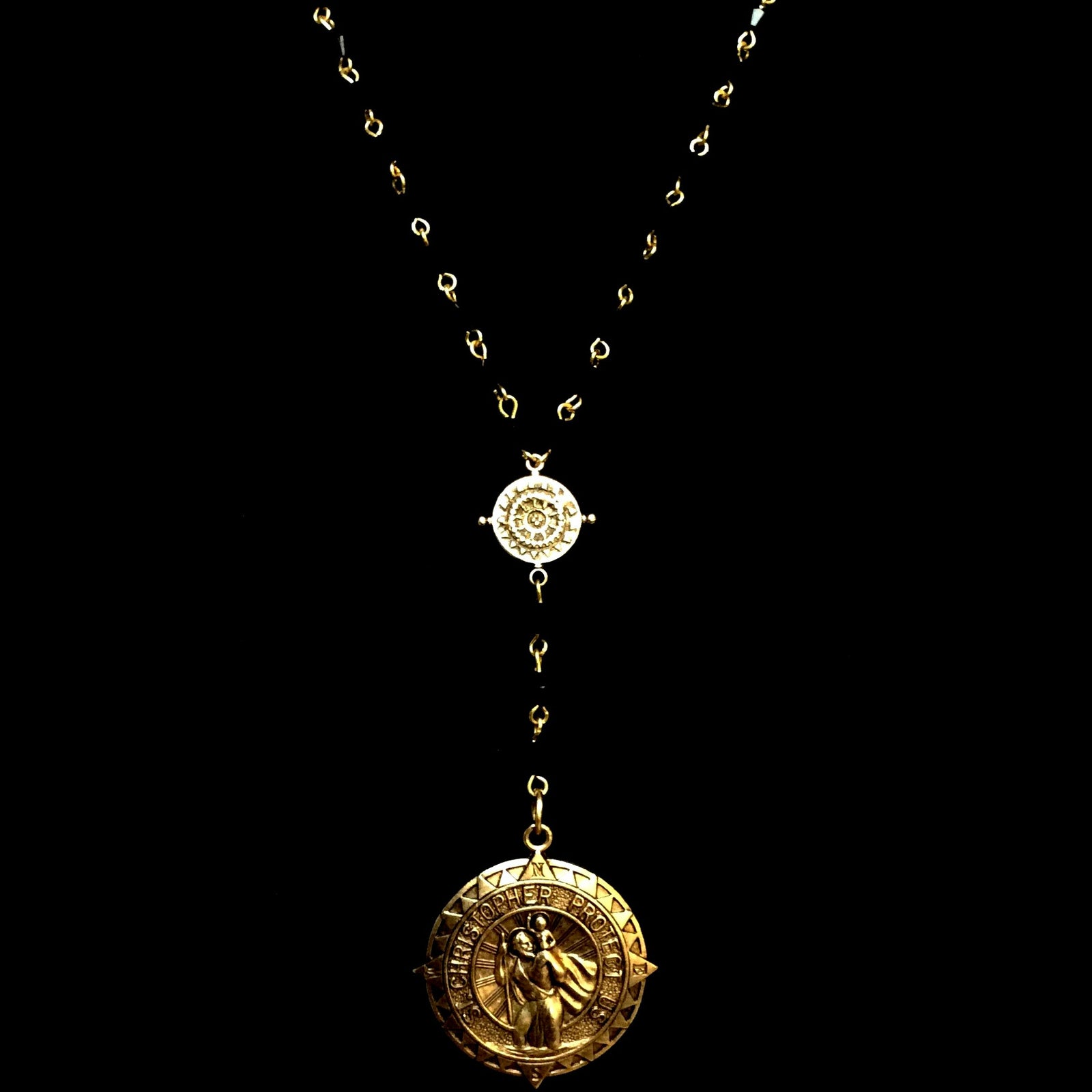 Saint Christopher Medal Rosary in Black Jet Necklace & Silver by Whispering Goddess