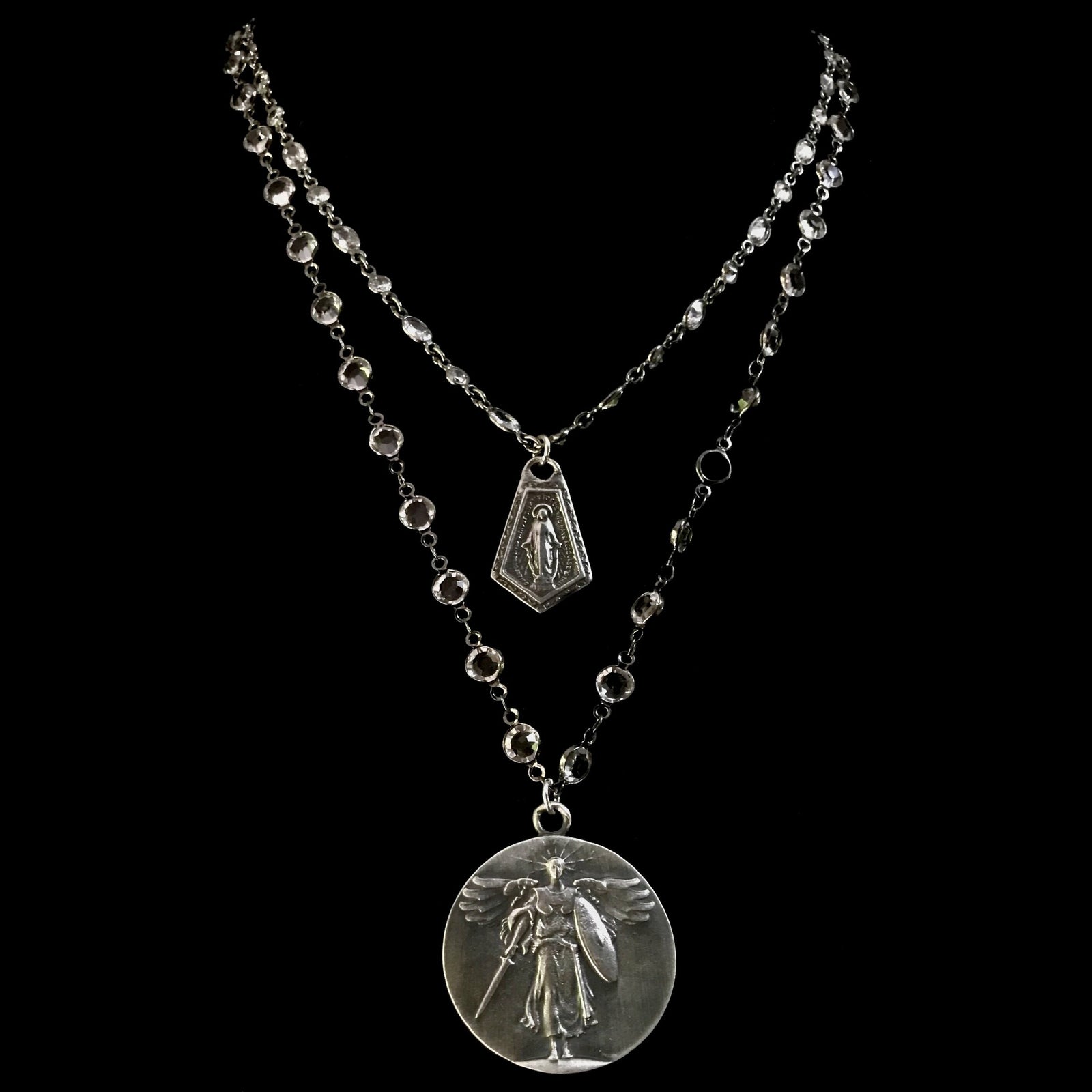 Illumination Sacred Heart Cross  with St. Michael & Mary  White Turquoise Necklace by Whispering Goddess