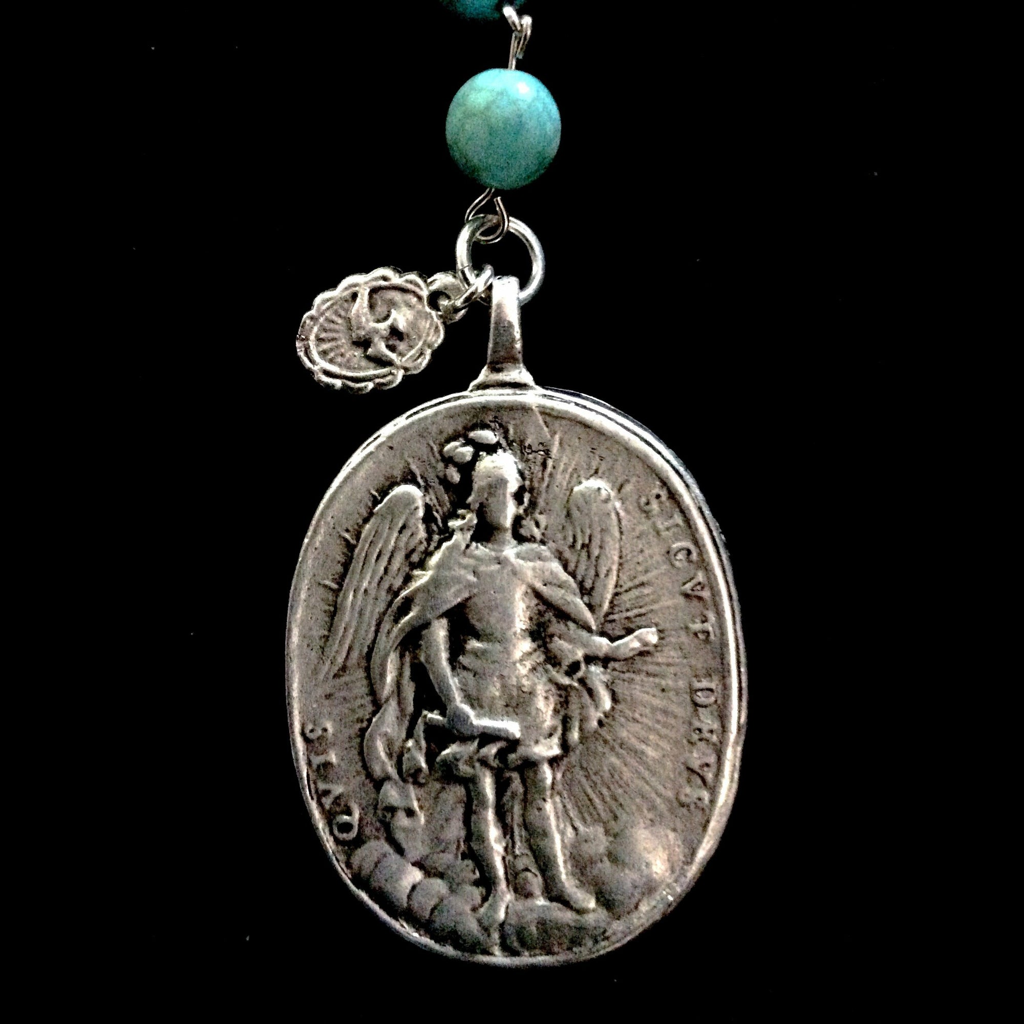 Cristo Rey Rosary Necklace with Saint Michael & Guadalupe in Turquoise and Silver