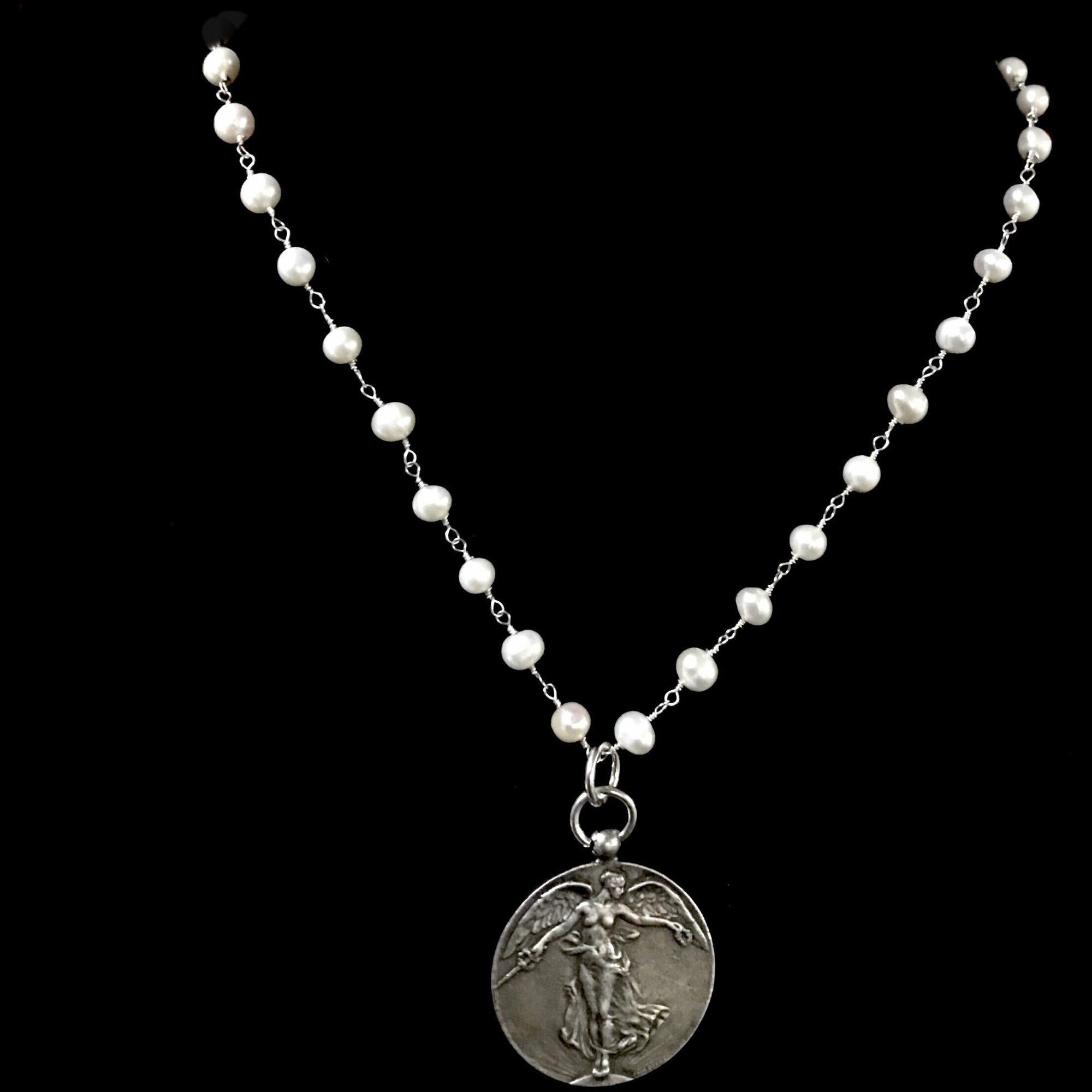Peace Angel Single Strand Freshwater Pearl Necklace 17" Silver
