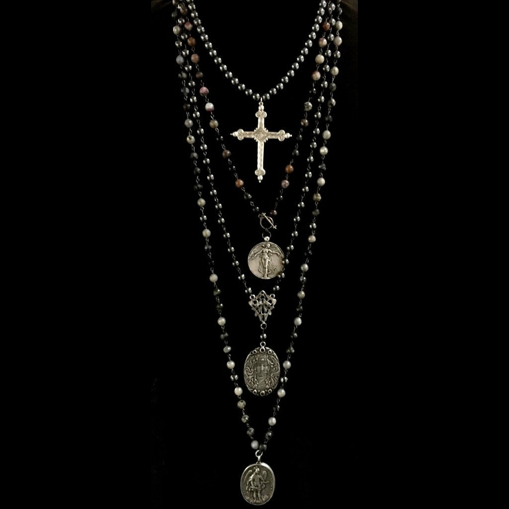Cristo Rey Saint Michael & Guadalupe Necklace in Gray Opal Galaxy Mix