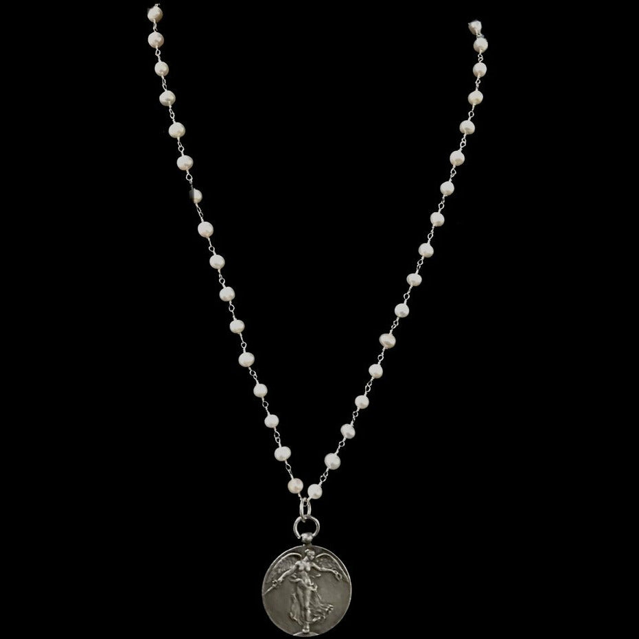 Peace Angel Single Strand Freshwater Pearl Necklace 24" - Silver