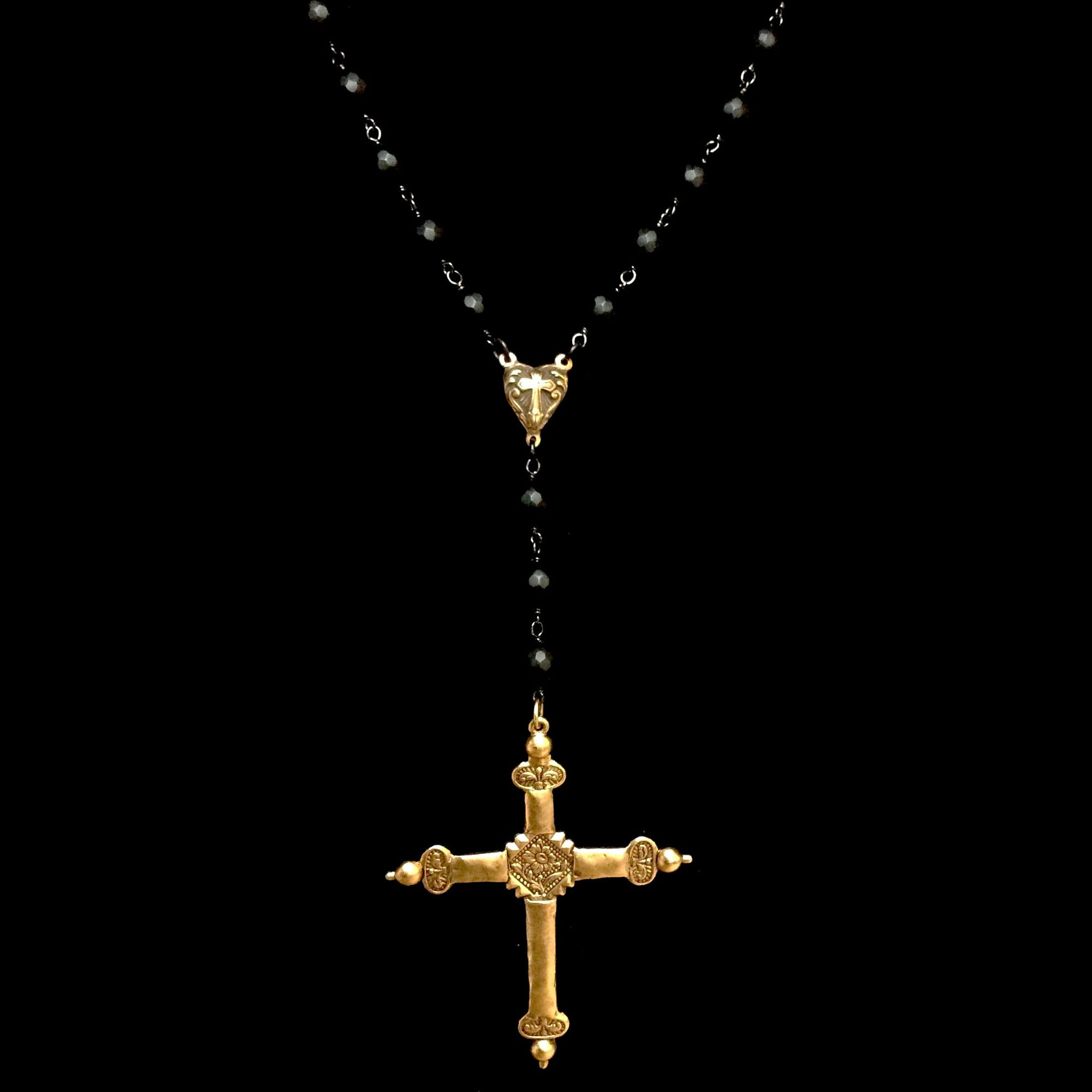 Forgotten Graces  Sacred Heart Rosary in Black Jasper & Gunmetal Necklace