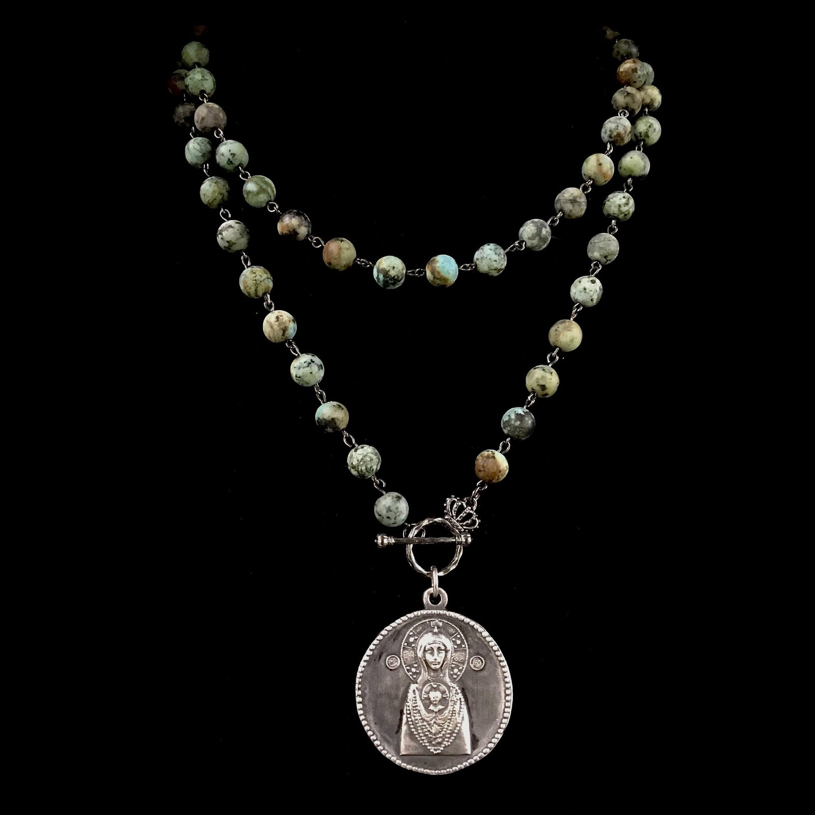 Wisdom of the Ages Theotokos and Saint Gabriel Necklace in African Turquoise - Sterling Silver