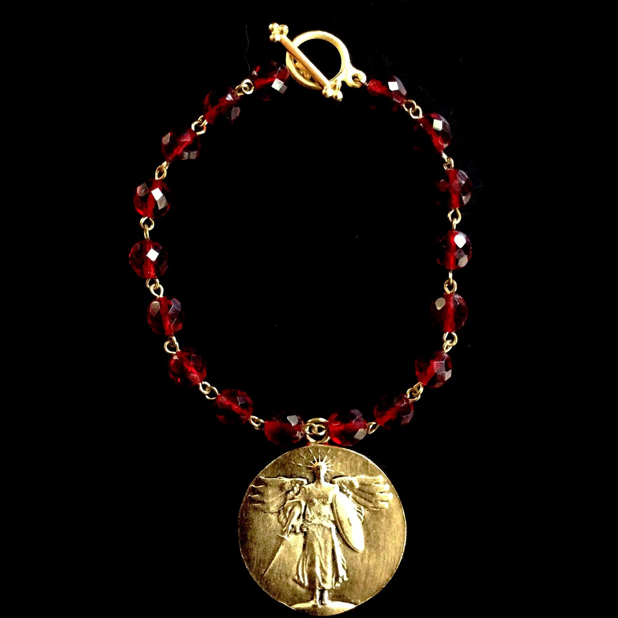 Saint Michael Victory Medallion  Bracelet by Whispering Goddess - Garnet and Gold