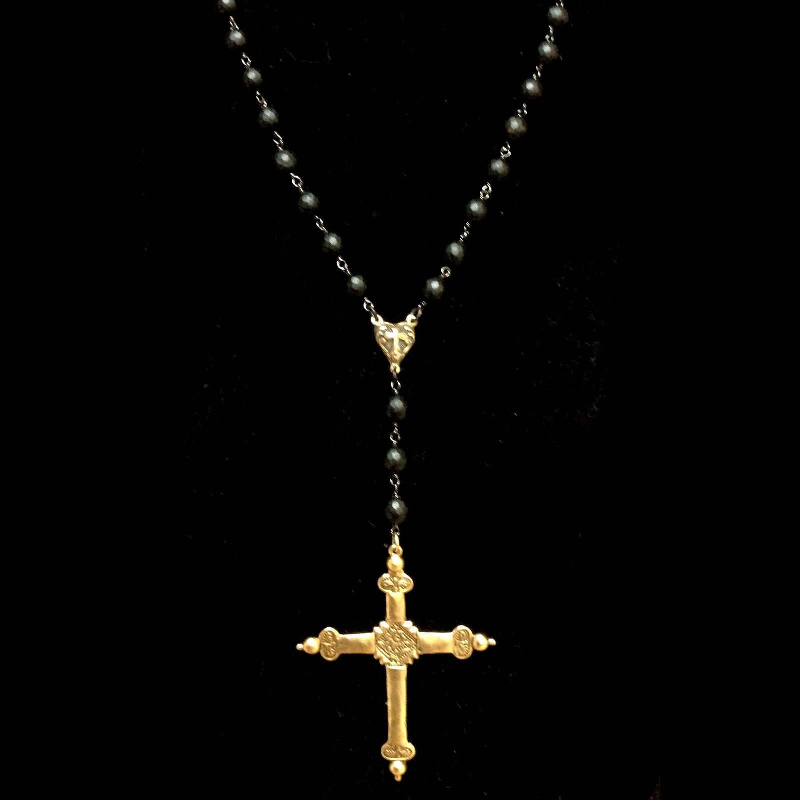 Forgotten Graces  Sacred Heart Rosary in Black Jasper & Gunmetal Necklace