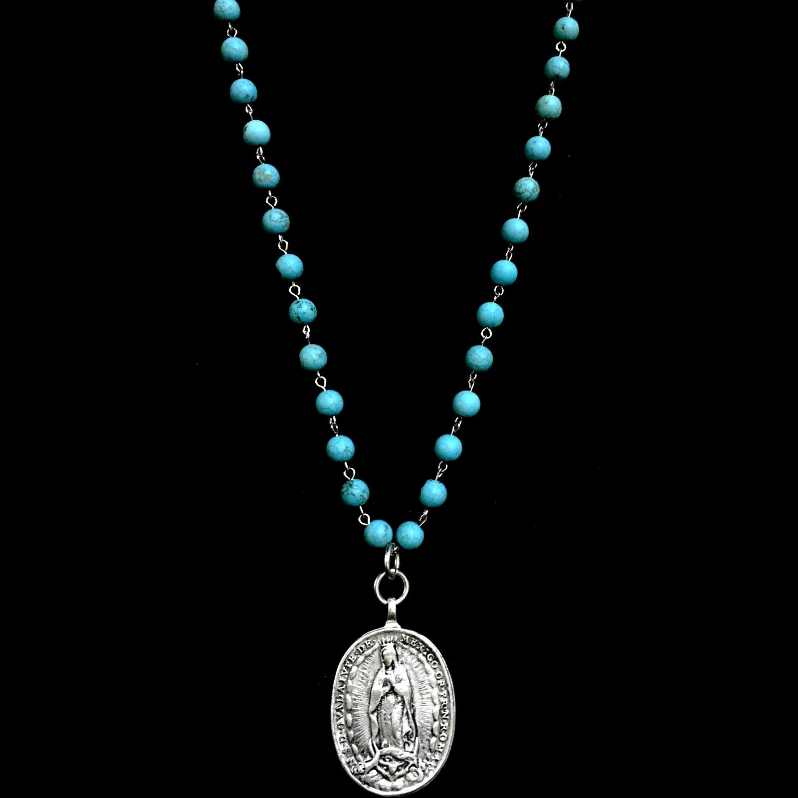 Cristo Rey Turquoise Necklace with Saint Michael & Guadalupe in Silver