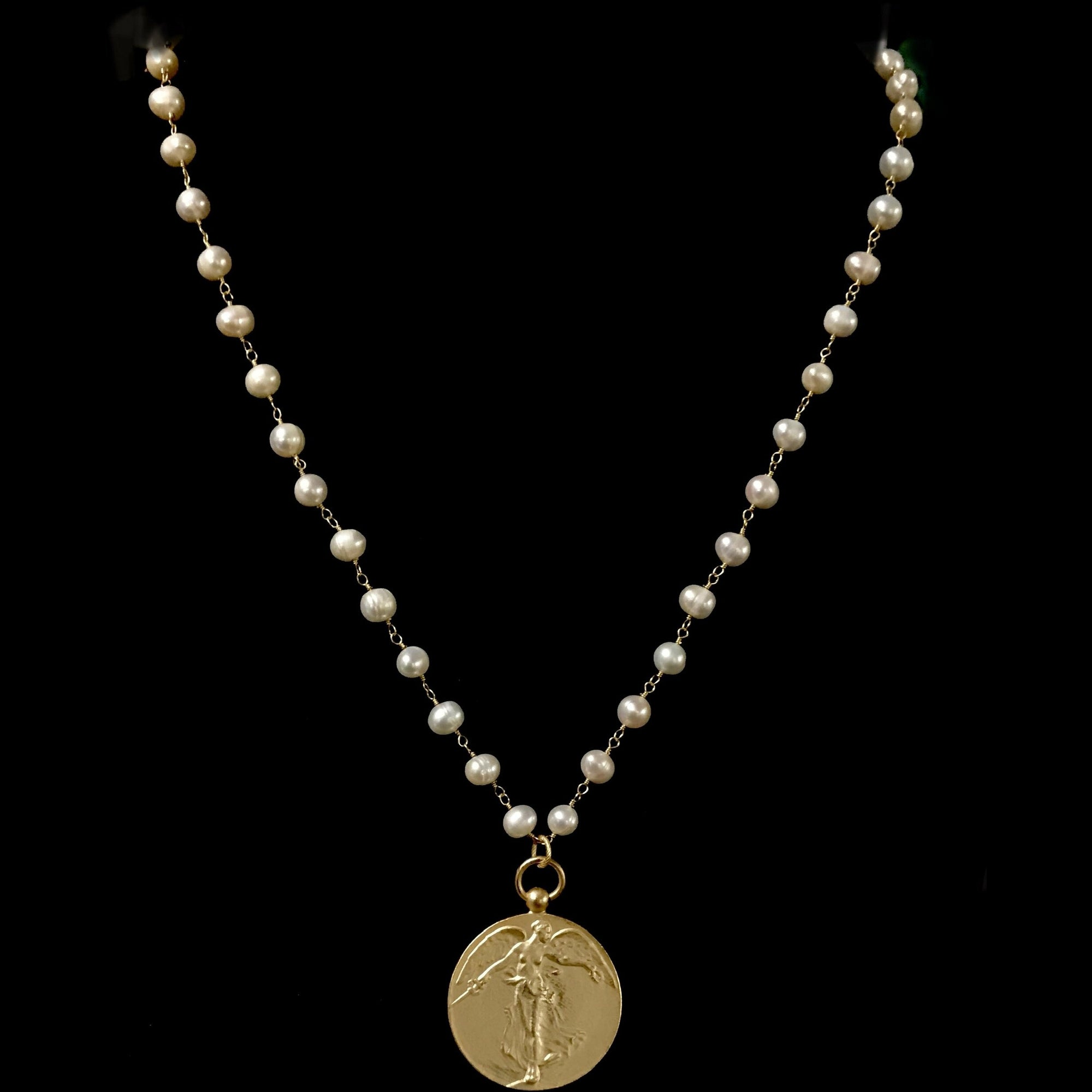 Peace Angel Single Strand Freshwater Pearl Necklace  24" - Gold