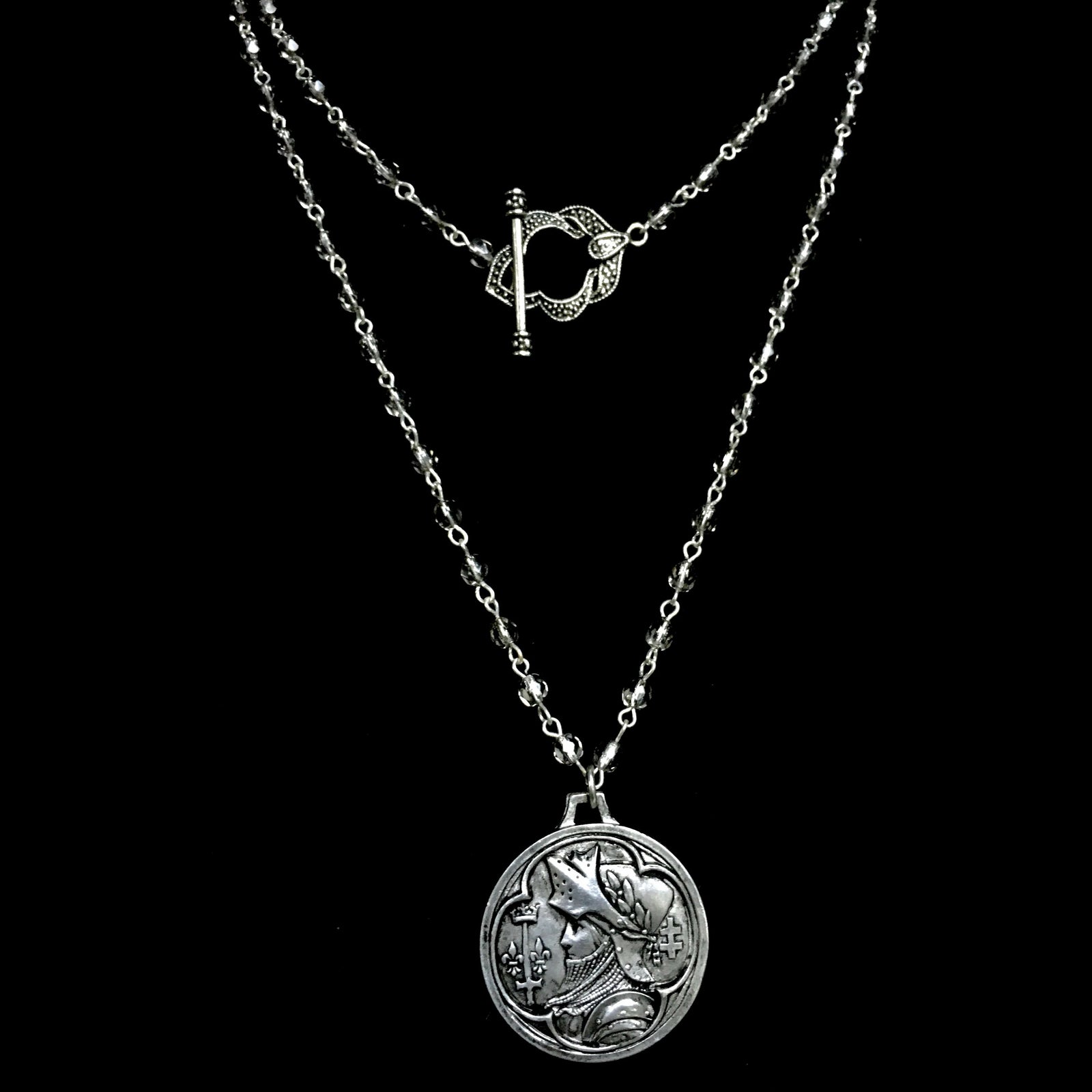 36" Saint Joan of Arc "Single Destiny" Necklace Silver & Black Diamond by Whispering Goddess