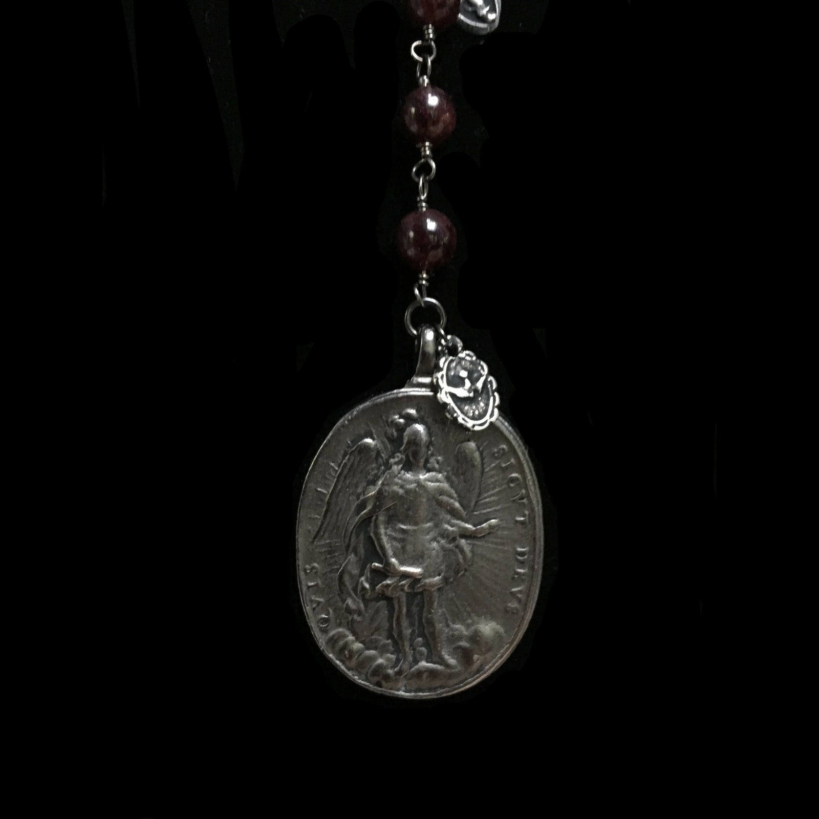 Garnet Cristo Rey Rosary Necklace with Saint Michael & Guadalupe in Gunmetal