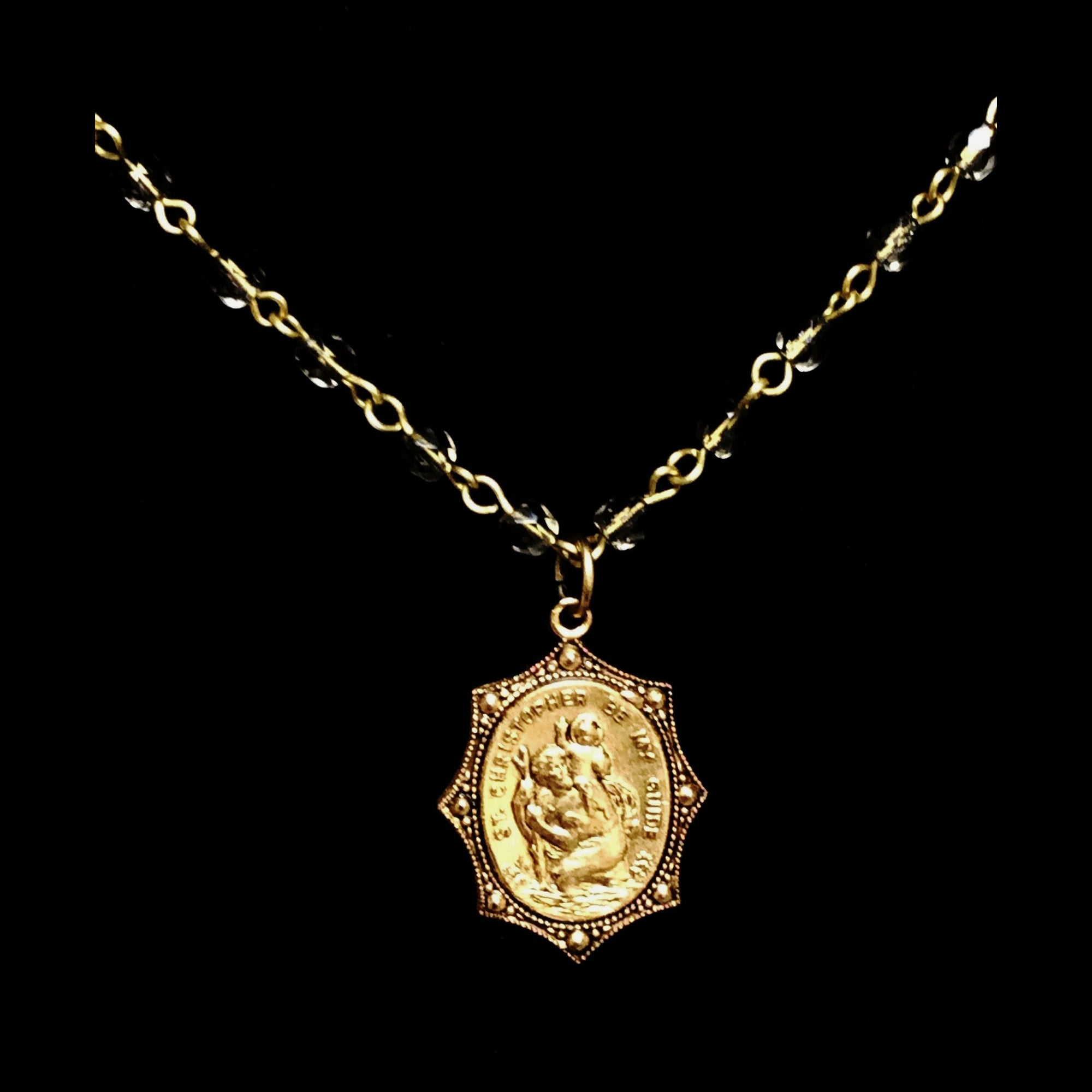 Forgotten Graces Saint Christopher Medal in Back Diamond and Gold Necklace
