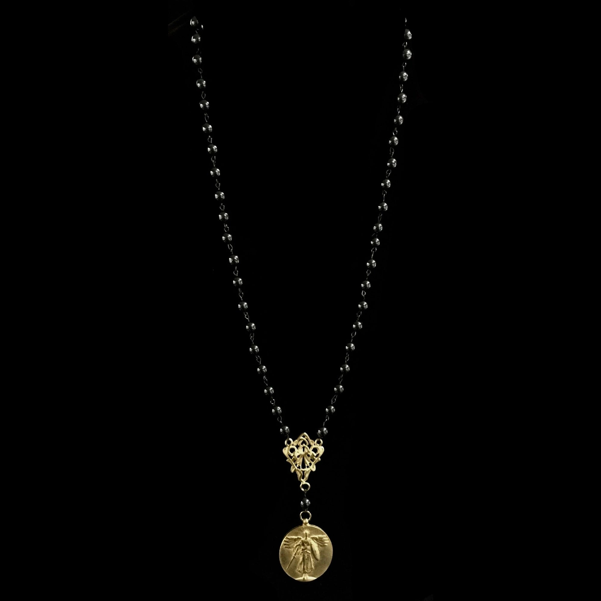 St. Michael Medallion on Hematite  Necklace 34" by Whispering Goddess