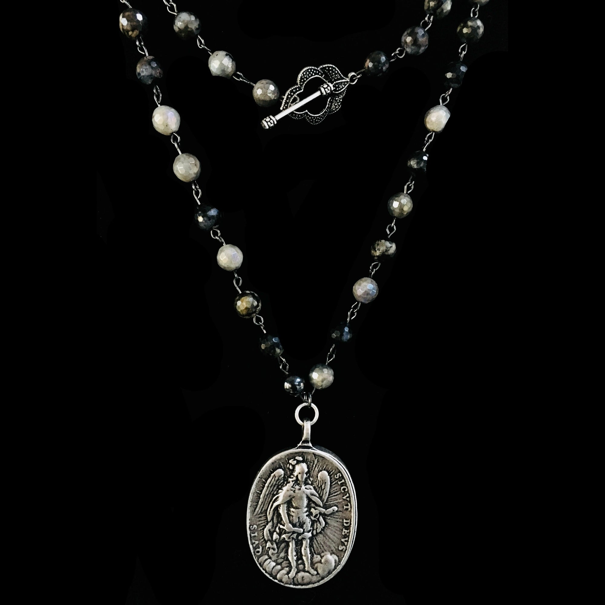 Cristo Rey Saint Michael & Guadalupe Necklace in Gray Opal Galaxy Mix