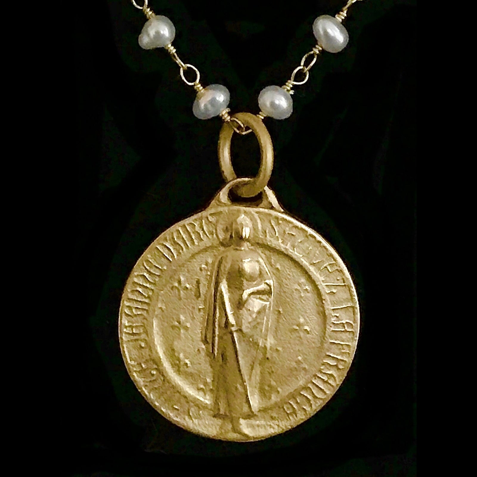 Saint Joan of Arc  Freshwater Pearl  Necklace in Matte Gold