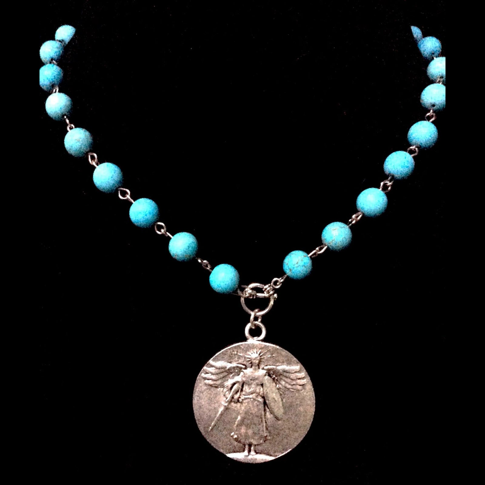 Saint Michael Victory Medallion Turquoise Necklace by Whispering Goddess