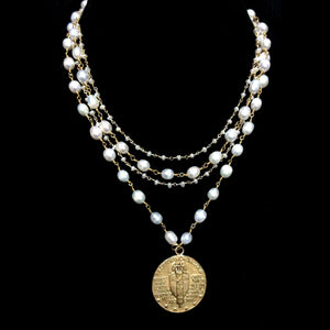 Sophia Freshwater Pearl Saint Michael Necklace in Gold by Whispering Goddess